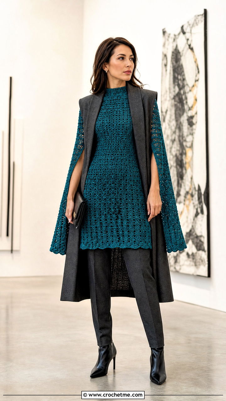 Cape Sleeve Crochet Winter Dress With Tailored Trousers - 35 crochet winter dress outfit ideas