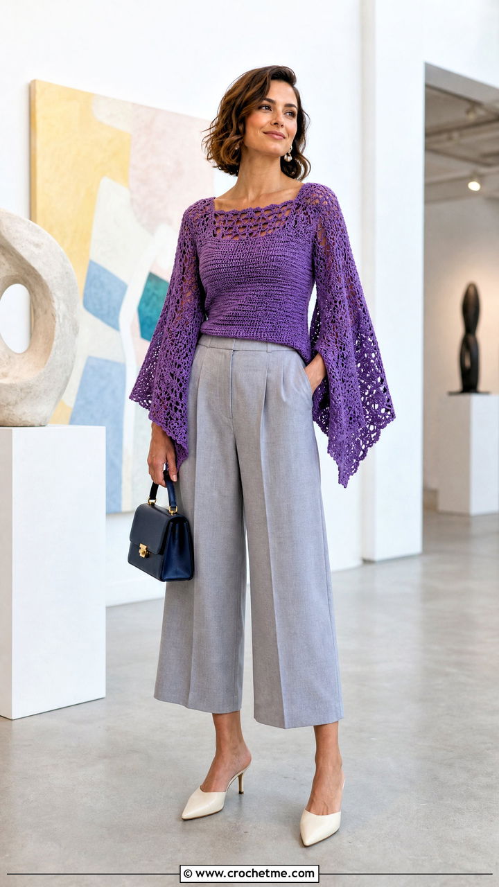 Cape Sleeve Crochet Wrap Top With Culottes - 35 crochet wrap top outfit ideas