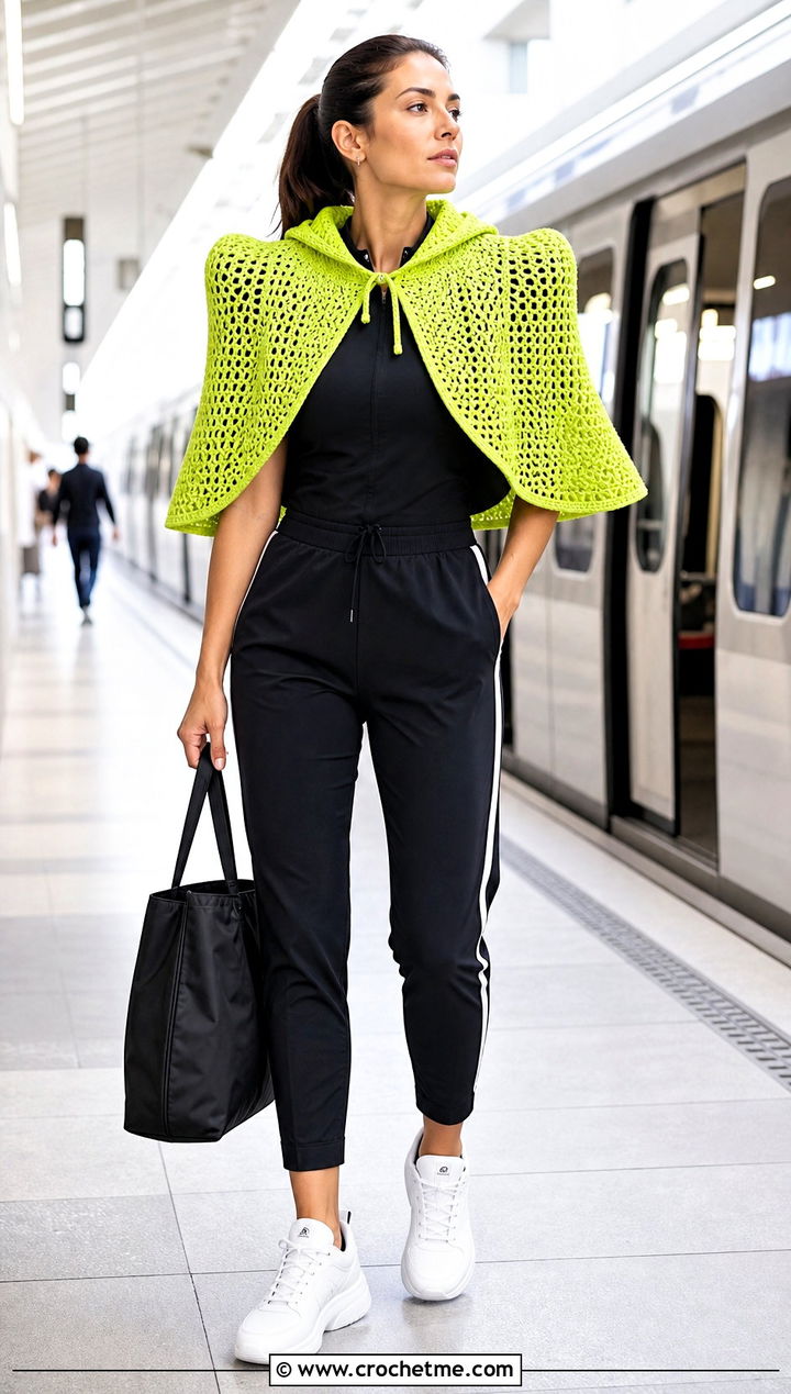 Cape Sleeve Hooded Crochet Bolero With Track Pants - 25 hooded crochet bolero outfit ideas