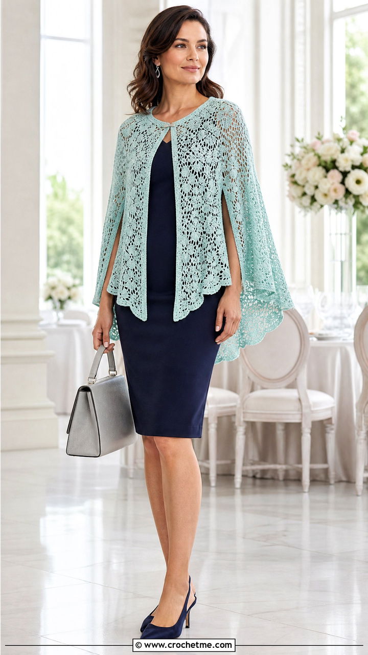 Cape Sleeve Lace Cardigan With Sheath Dress - 35 crochet lace cardigan outfit ideas