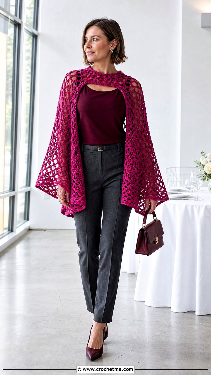 Cape Sleeve Net Sweater With Slim Trousers - 35 crochet net sweater outfit ideas