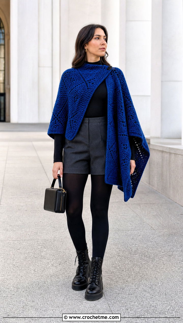 Cape Style Blanket Crochet Poncho With Tailored Shorts - 15 Blanket Crochet Poncho outfit ideas
