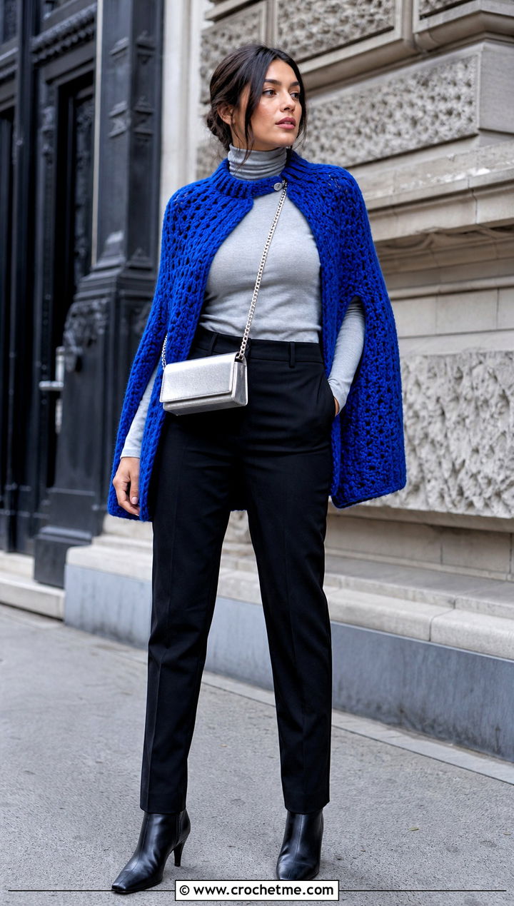 Cape Style Chunky Crochet Shrug With Turtleneck And Trousers - 25 Chunky Crochet Shrug outfit ideas