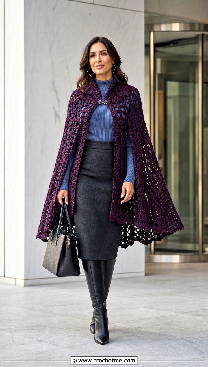Cape Style Crochet Blanket Shawl With Pencil Skirt - 30 crochet blanket shawl outfit ideas