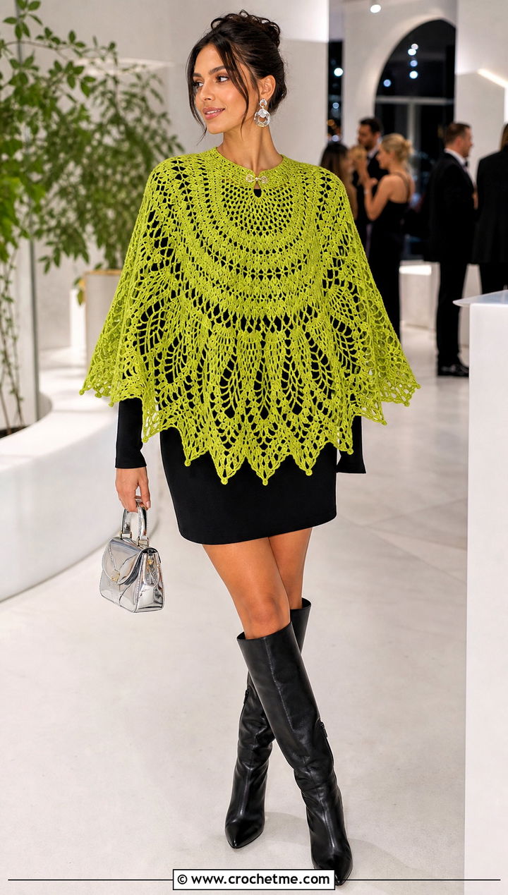 Cape Style Crochet Mandala Shawl With Mini Dress - 25 Crochet Mandala Shawl outfit ideas