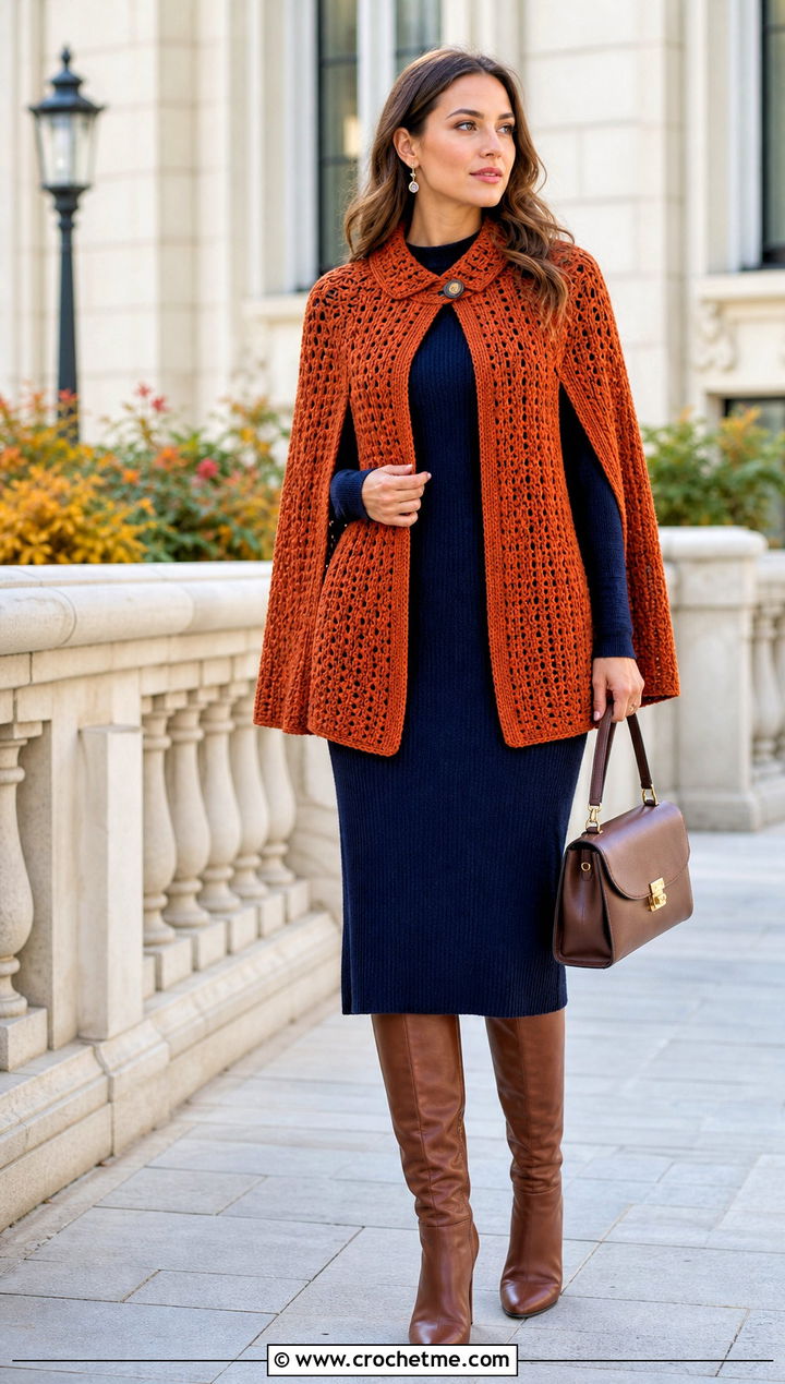 Cape Style Crochet Vest With Knit Dress - 35 crochet vest ideas