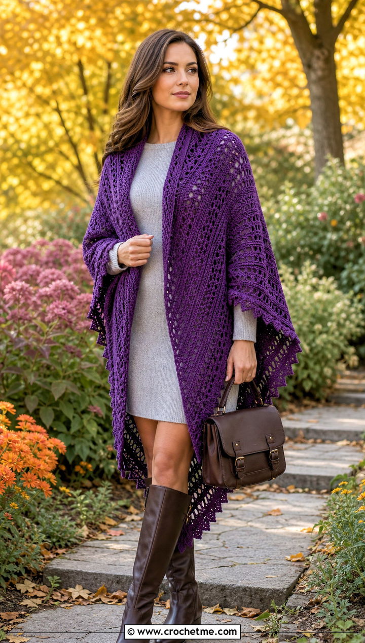 Cape Style Fall River Crochet Shawl With a Sweater Dress - 25 Fall River Crochet Shawl outfit ideas