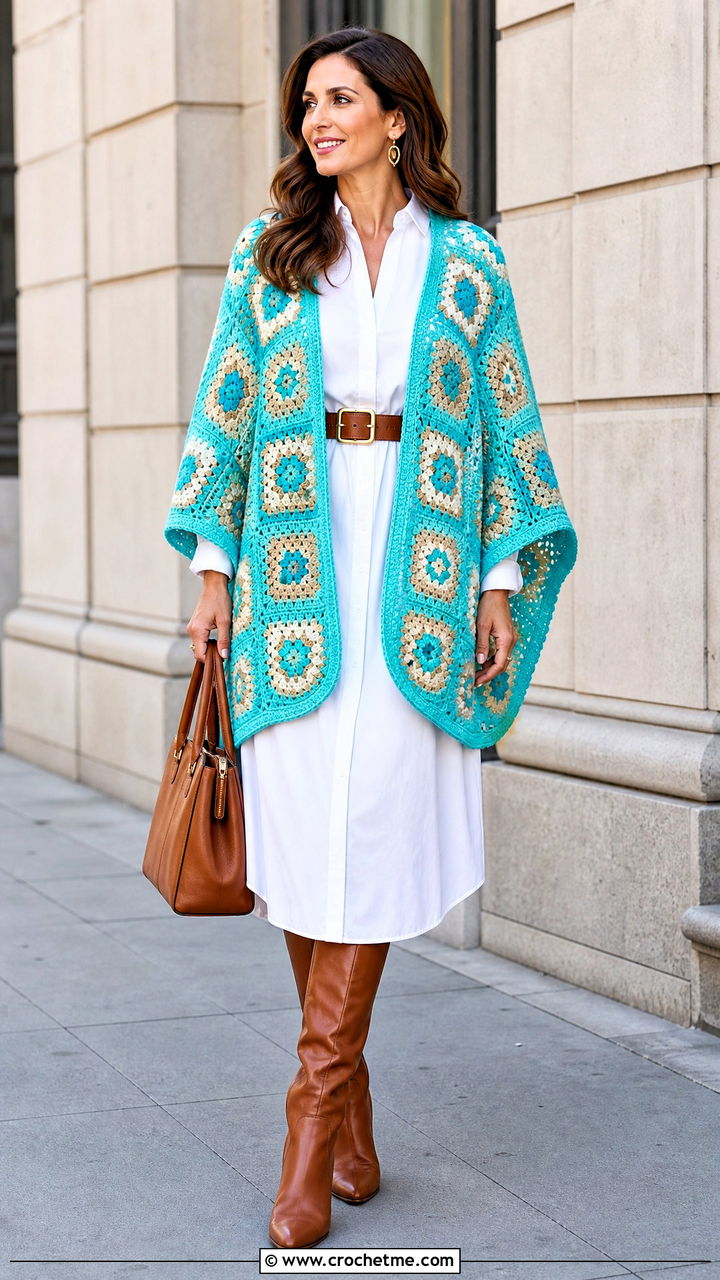 Cape Style Granny Square Poncho With Shirt Dress - 35 crochet granny square poncho outfit ideas