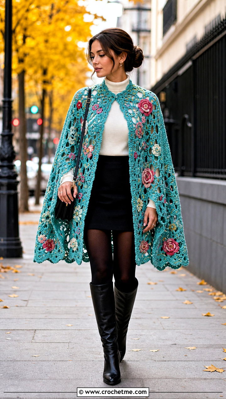 Cape Style Irish Crochet Coat With Mini Skirt - 25 irish crochet coat outfit ideas