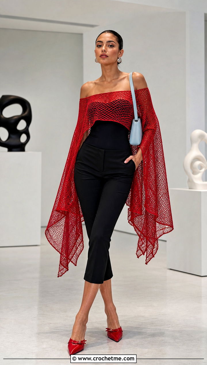 Cape Style Mesh Off Shoulder Top With Black Capri Pants - 25 crochet mesh off shoulder top outfit ideas
