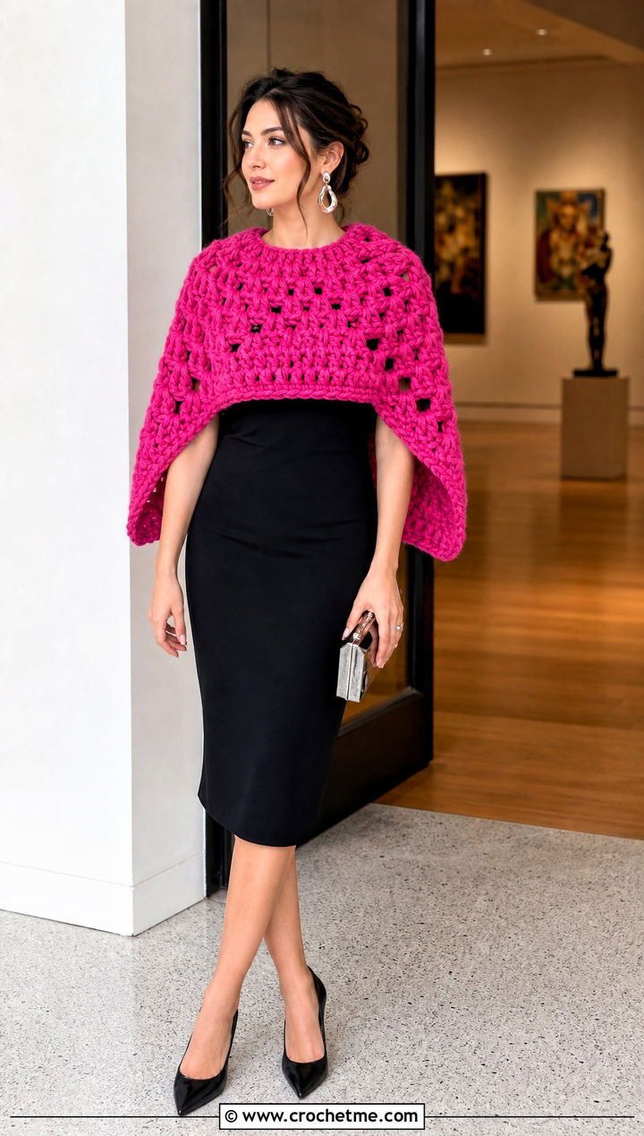 Capelet Bulky Yarn Crochet Shawl With Black Midi Dress - 20 Bulky Yarn Crochet Shawl outfit ideas