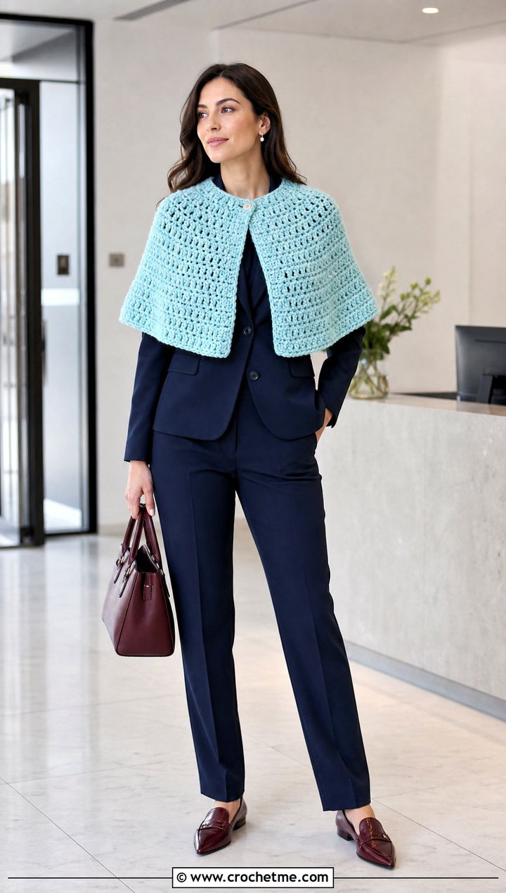 Capelet Chunky Crochet Poncho With Blazer And Trousers - 25 Chunky Yarn Crochet Poncho outfit ideas