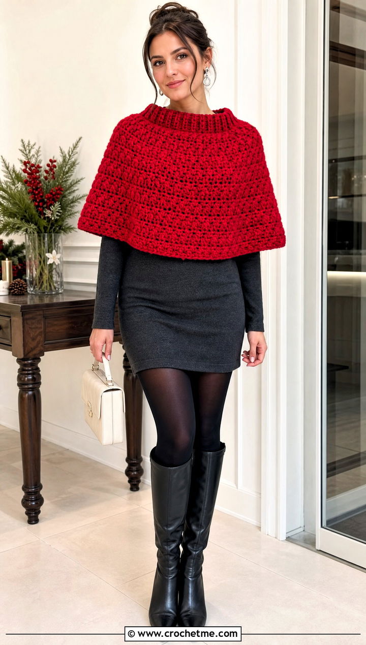 Capelet Chunky Crochet Poncho With Mini Dress - 25 Chunky Crochet Poncho outfit ideas