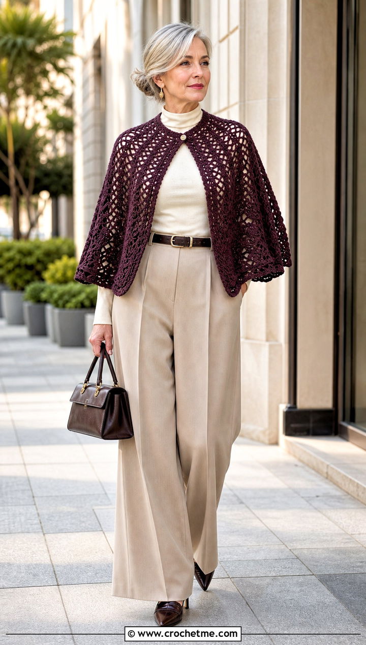 Capelet Crochet Bed Jacket With Wide Leg Trousers - 25 Crochet Bed Jackets outfit ideas