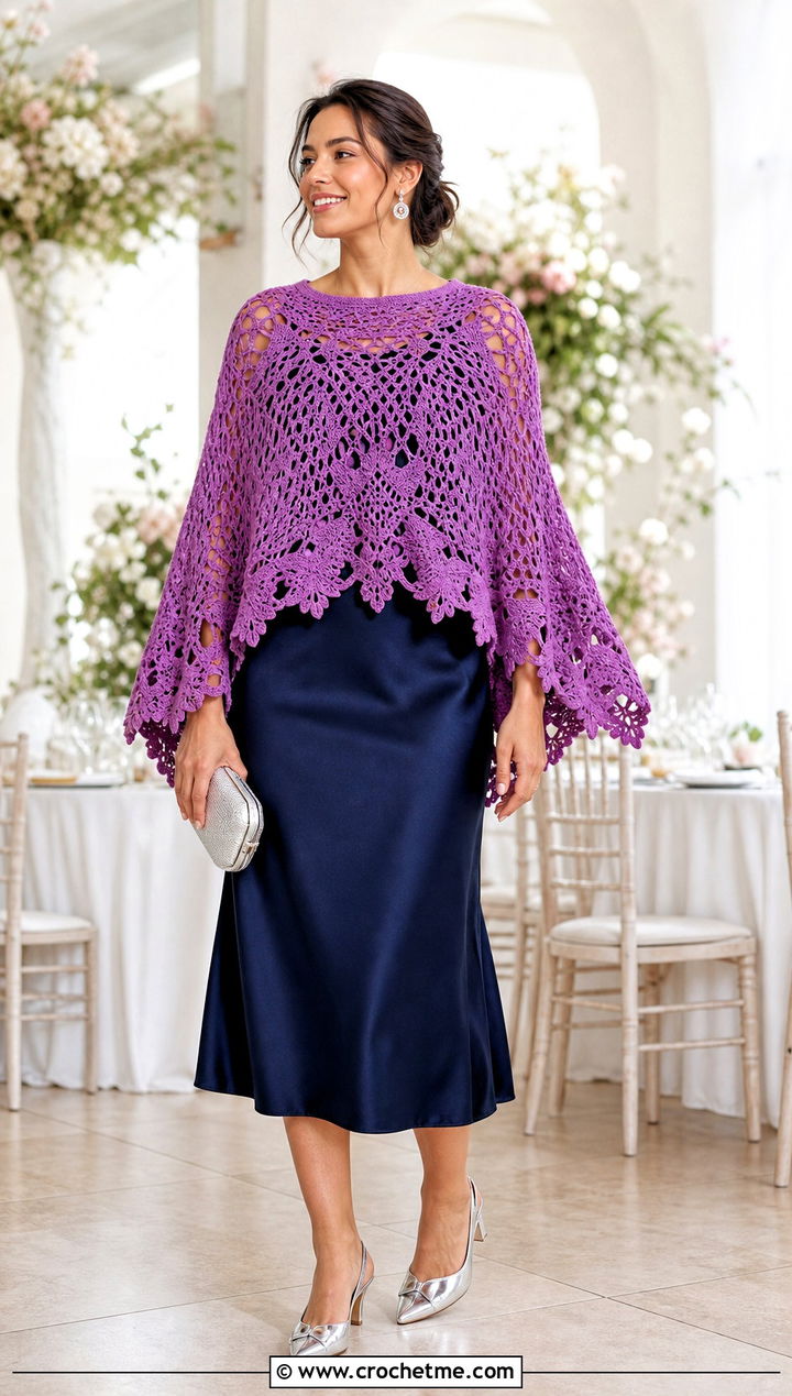 Capelet Crochet Boho Poncho With Satin Midi Dress - 30 crochet boho poncho outfit ideas