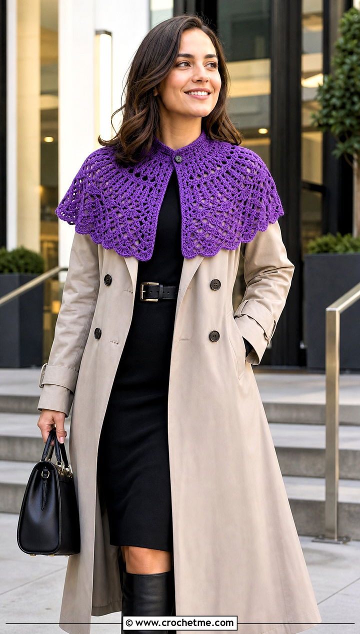 Capelet Crochet Collar With Trench Coat And Column Dress - 15 Vintage Crochet Collar Design outfit ideas