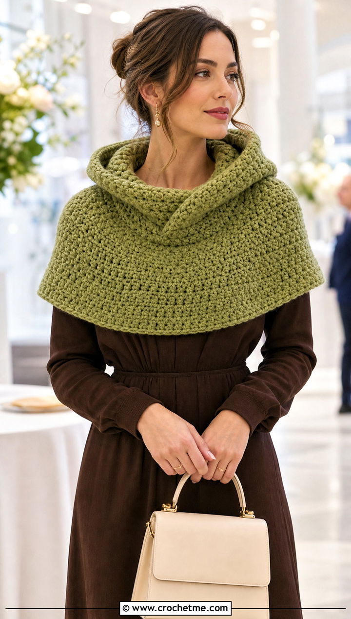 Capelet Crochet Cowl Hood With Midi Dress - 25 crochet cowl hood outfit ideas