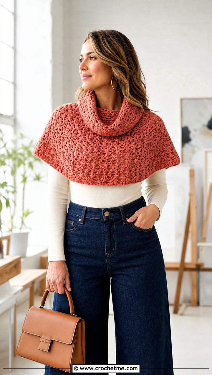 Capelet Crochet Cowl Shawl With Wide Leg Jeans - 20 crochet cowl shawl outfit ideas