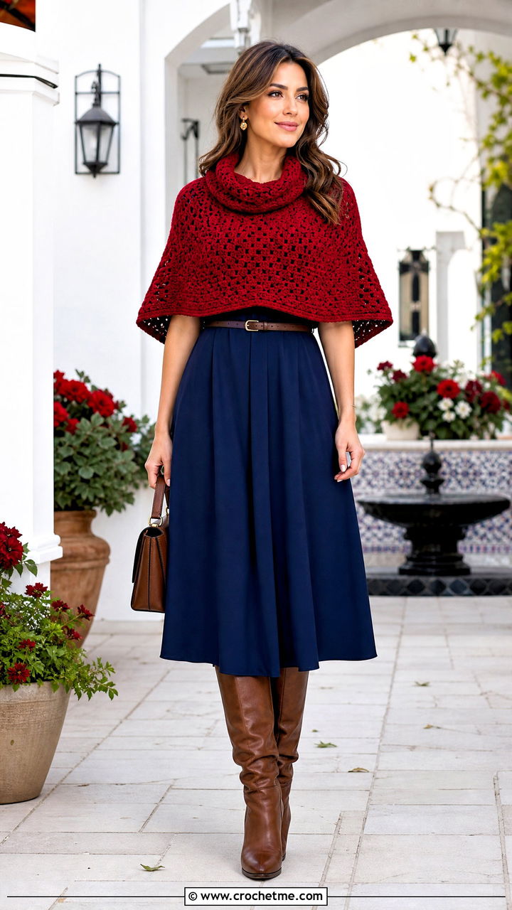 Capelet Crochet Cowl With Belted Dress - 35 crochet cowl outfit ideas