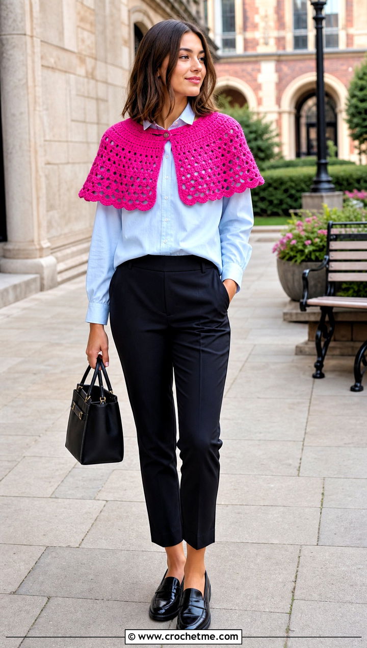 Capelet Crochet Cropped Shrug With Button Down Shirt - 25 Crochet Cropped Shrug outfit ideas