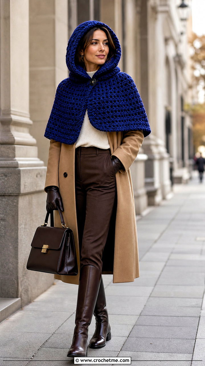 Capelet Crochet Hooded Cowl With Tailored Coat - 35 crochet hooded cowl outfit ideas