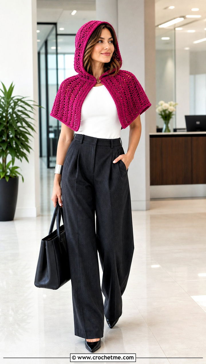 Capelet Crochet Hooded Shrug With Wide Leg Pants - 30 Crochet Hooded Shrug outfit ideas