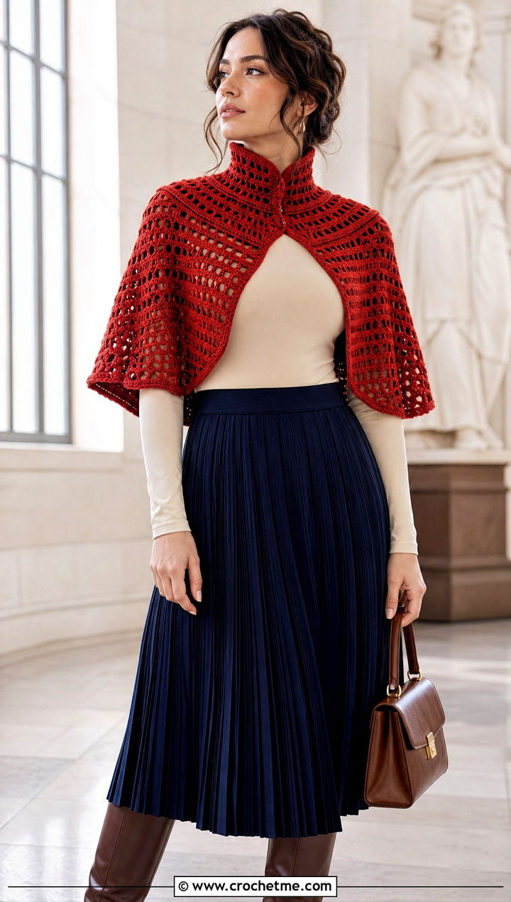 Capelet Crochet Katniss Shawl With Pleated Midi Skirt - 20 Crochet Katniss Shawl outfit ideas