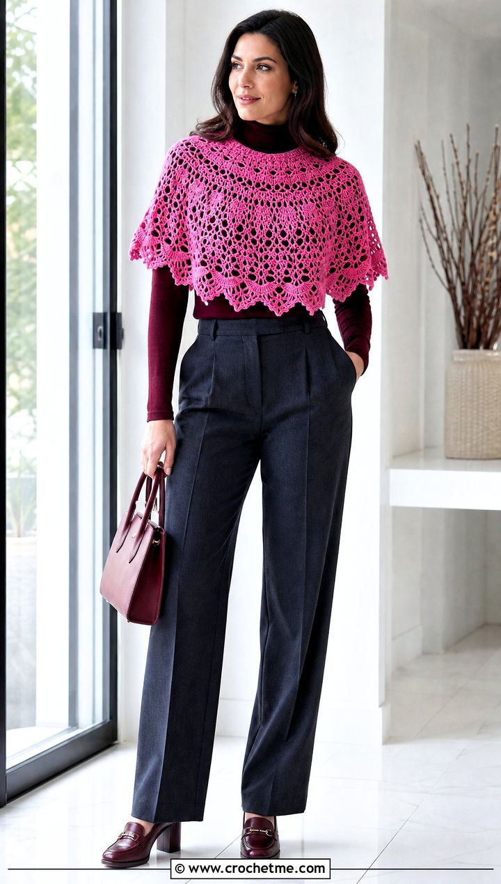 Capelet Crochet Lace Shawl With A Turtleneck And Trousers - 30 easy crochet lace shawl outfit ideas