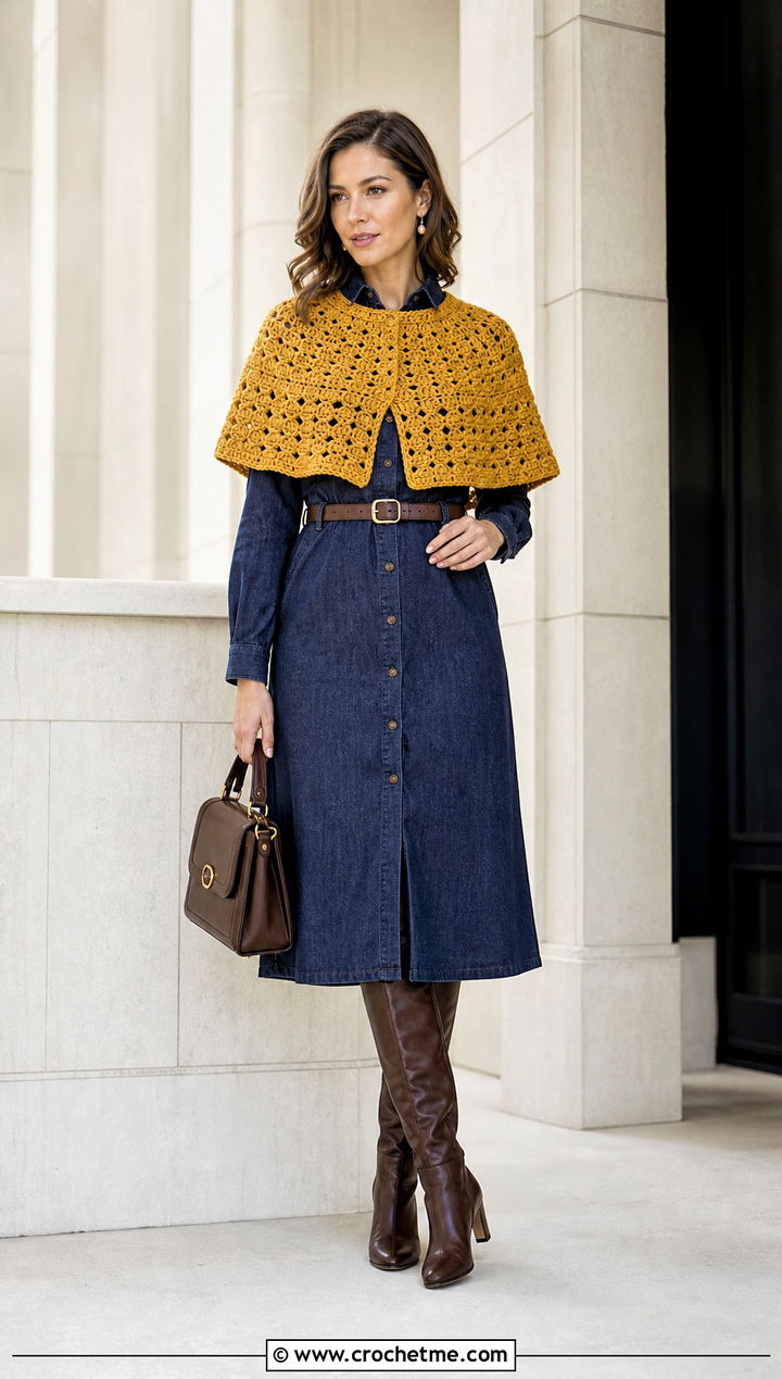 Capelet Crochet Poncho Top With a Shirt Dress - 25 Crochet Poncho Top outfit ideas