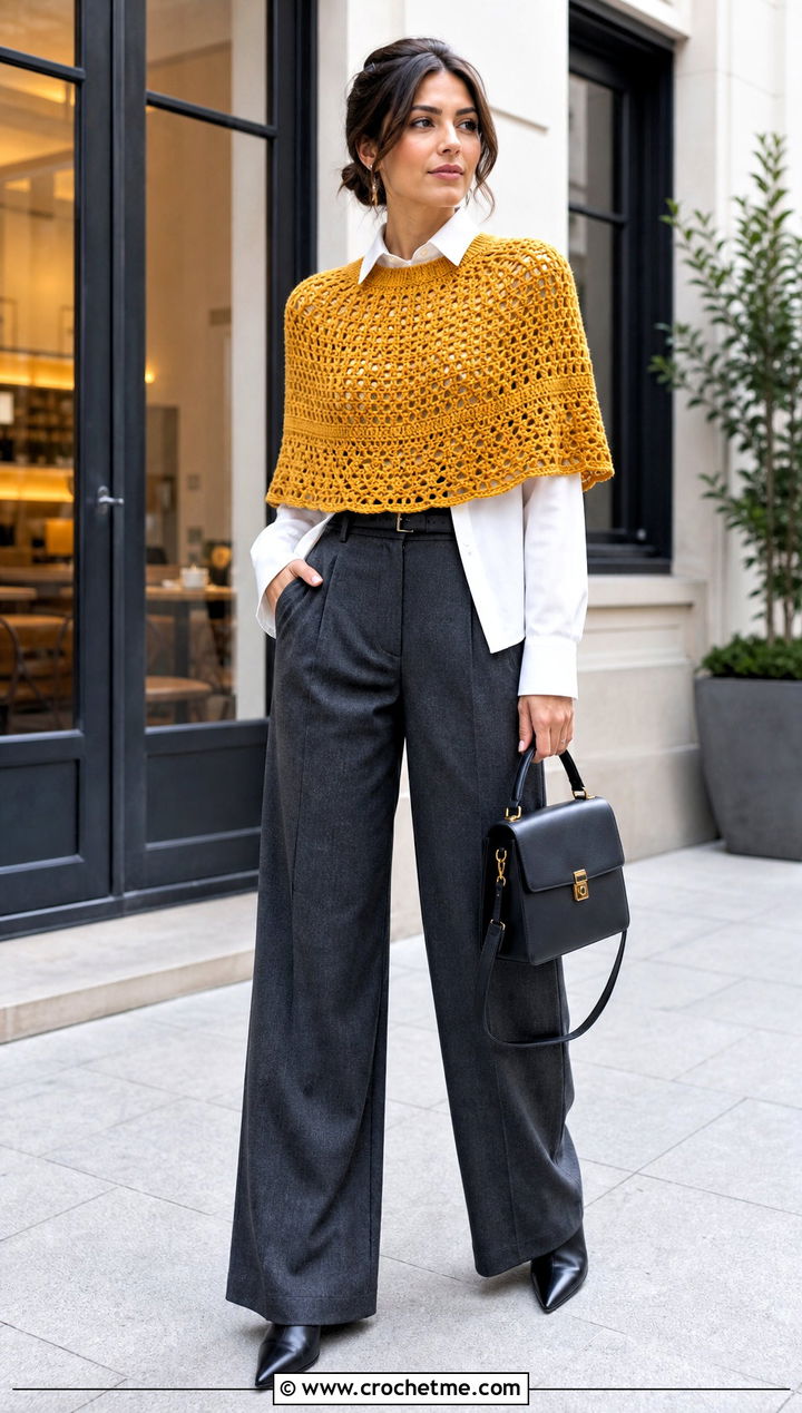 Capelet Crochet Poncho With A Blouse And Wide Leg Pants - 15 Winter Crochet Poncho outfit ideas
