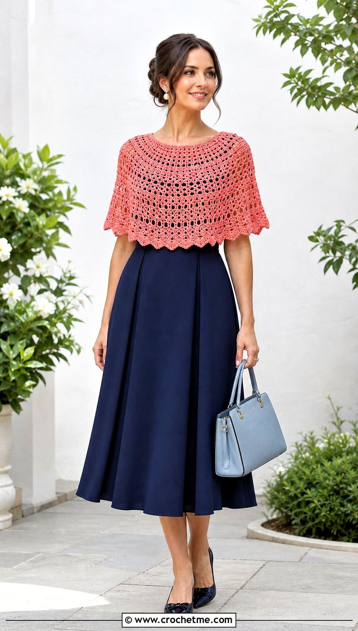 Capelet Crochet Poncho With A Line Dress - 25 Easy Simple Crochet Poncho outfit ideas