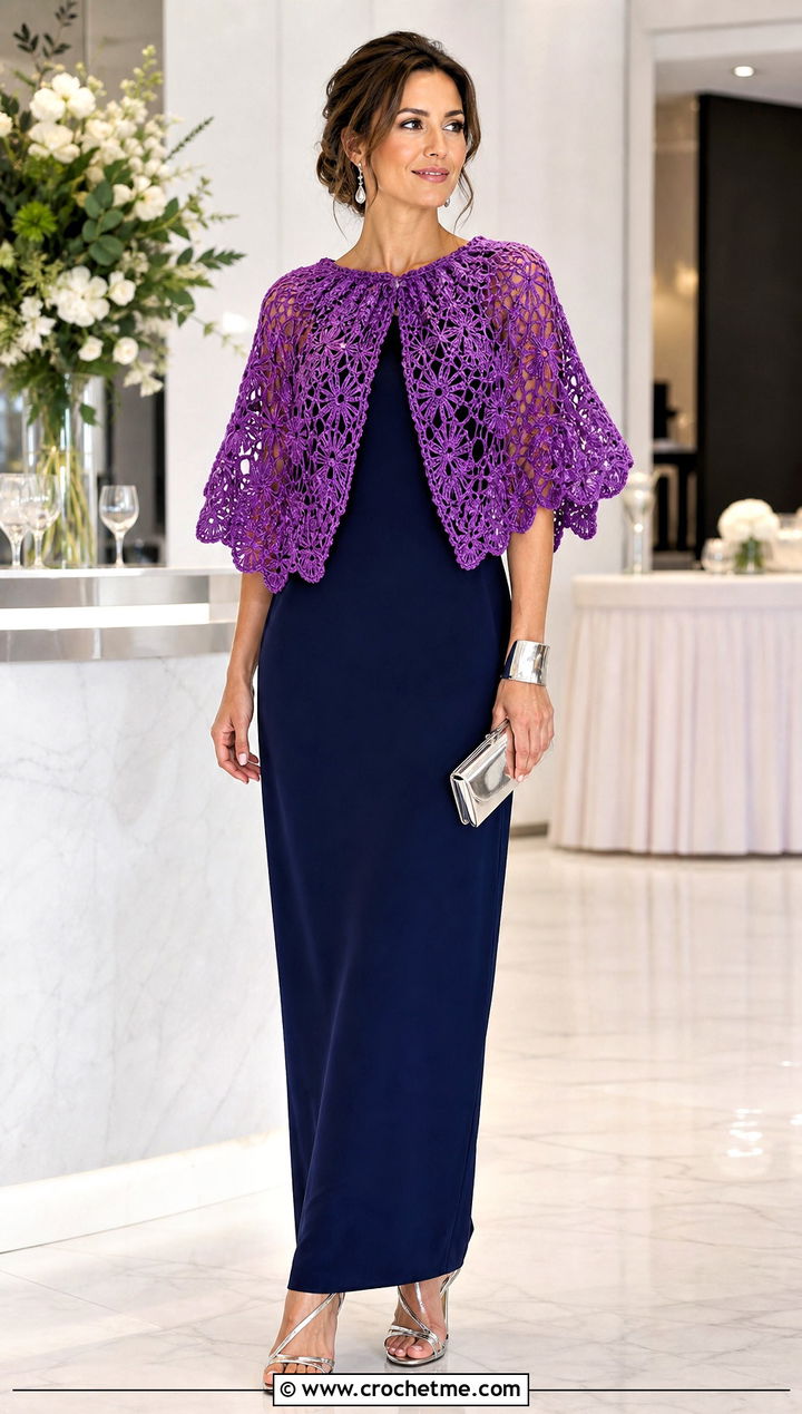 Capelet Crochet Poncho With Column Maxi Dress - 15 Modern Crochet Poncho outfit ideas