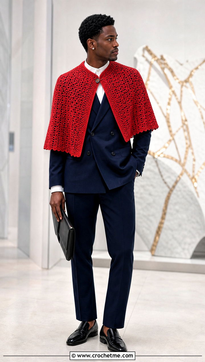 Capelet Crochet Poncho With Double Breasted Suit - 25 mens crochet poncho outfit ideas