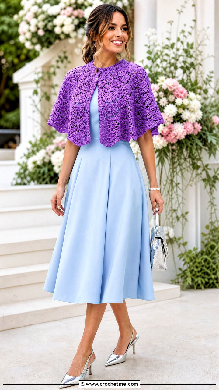Capelet Crochet Poncho With Fit And Flare Dress - 35 crochet ponchos outfit ideas