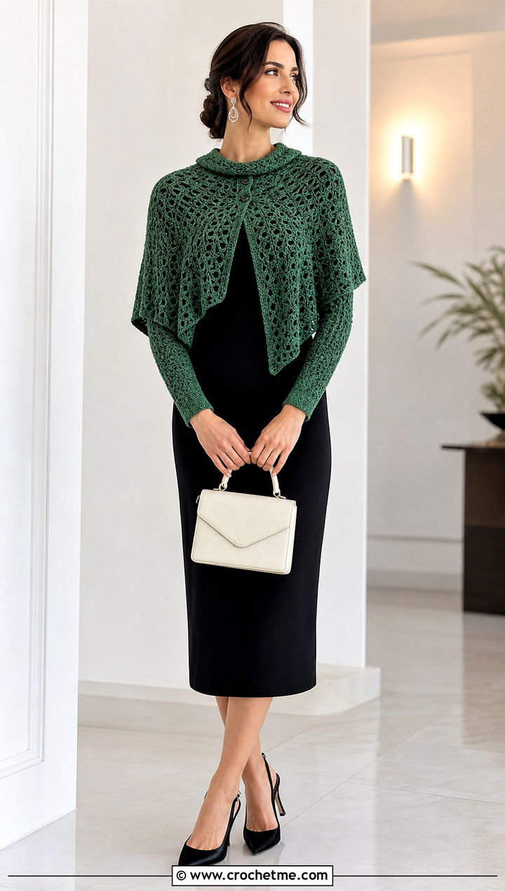 Capelet Crochet Poncho With Fitted Sleeves And Sheath Dress - 30 crochet poncho with sleeves outfit ideas