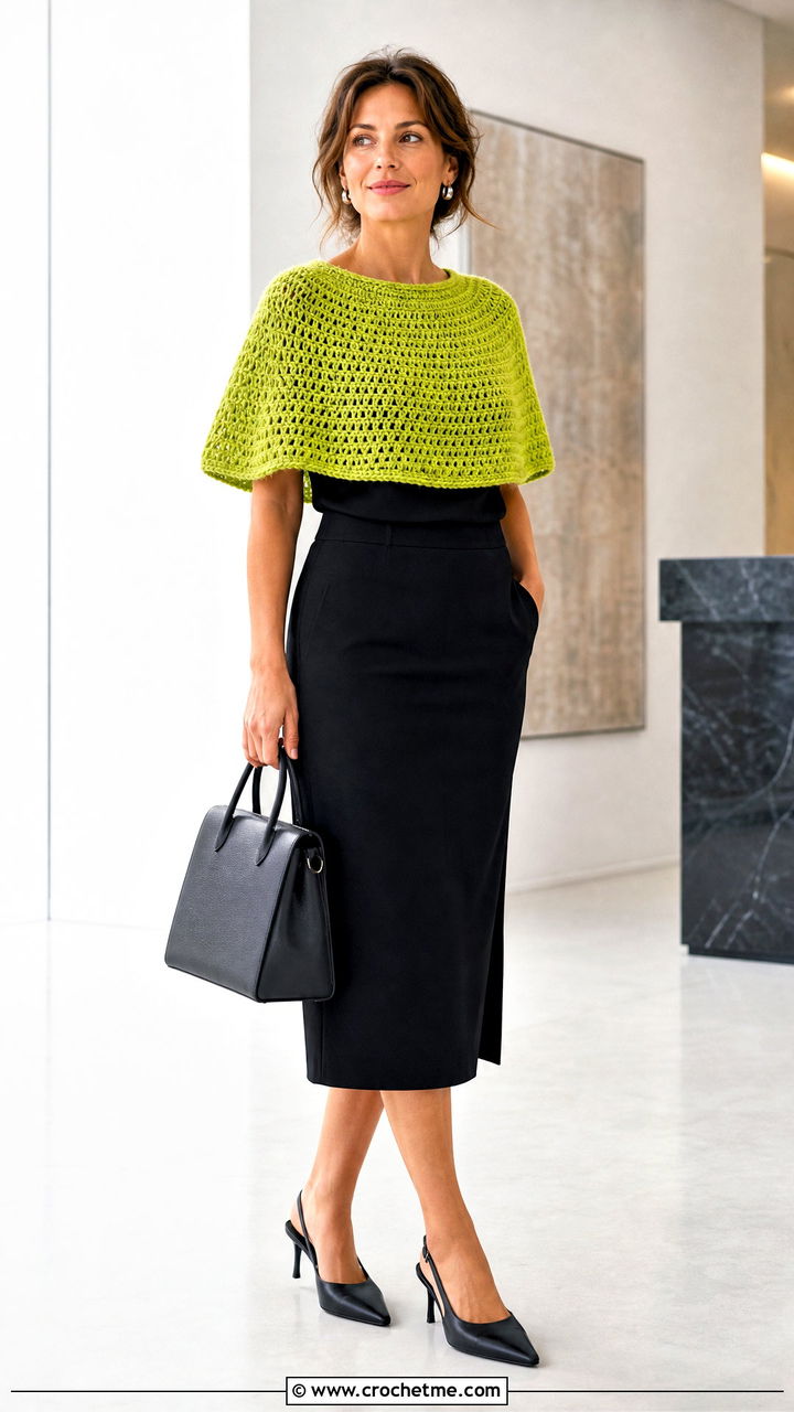 Capelet Crochet Poncho With Pencil Skirt - 35 easy crochet poncho outfit ideas