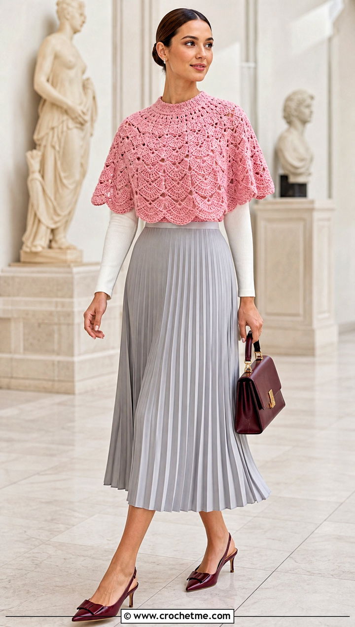 Capelet Crochet Poncho With Pleated Midi Skirt - 25 Beginner Crochet Poncho outfit ideas