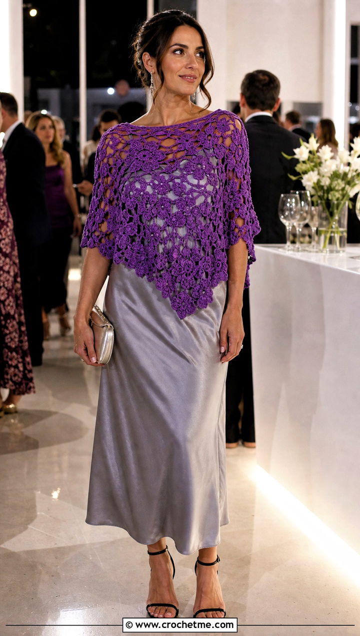 Capelet Crochet Poncho With Satin Slip Dress - 15 Quick Crochet Poncho outfit ideas