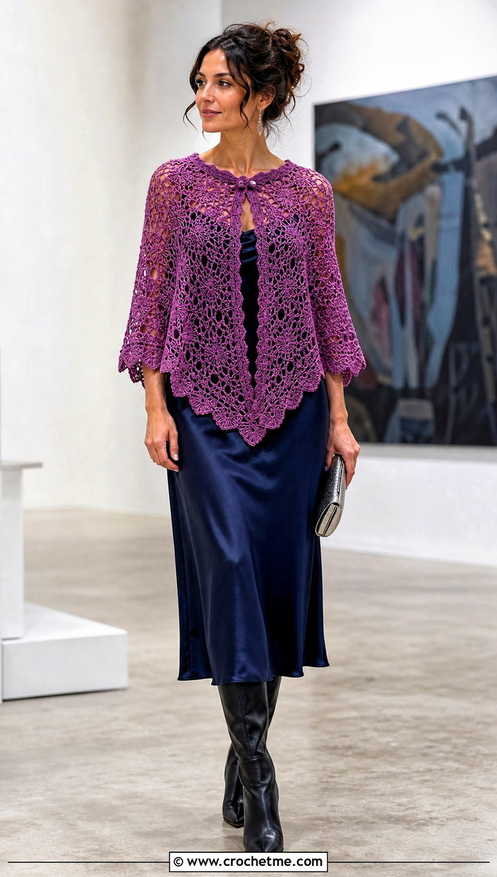 Capelet Crochet Poncho With Slip Dress - 20 Crochet Fall Poncho outfit ideas