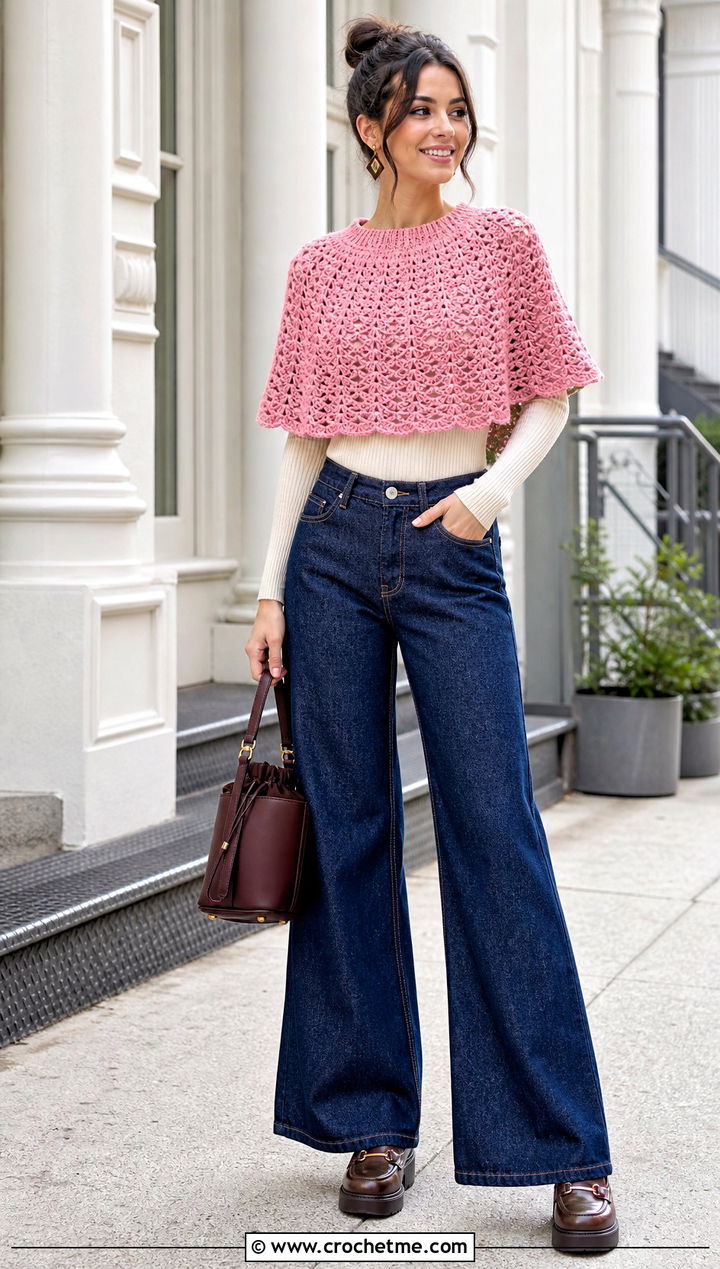 Capelet Crochet Poncho With Wide Leg Jeans - 15 Crochet For Ponchos For Women outfit ideas