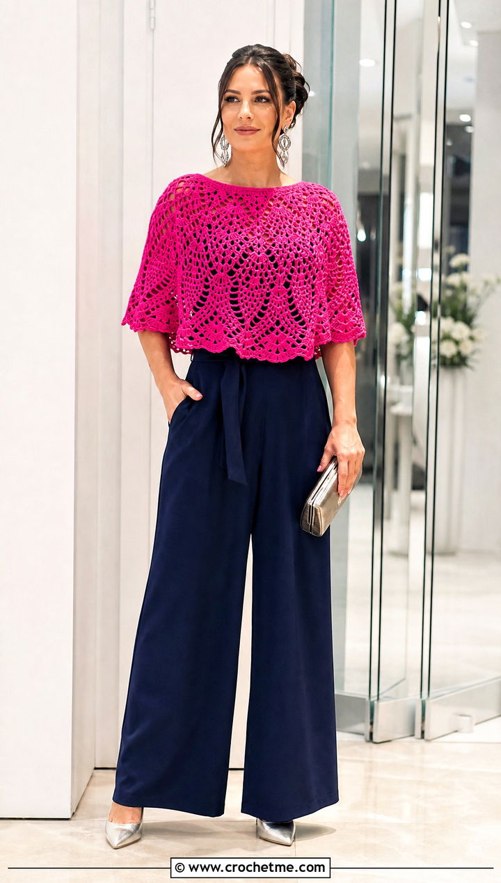 Capelet Crochet Poncho With Wide Leg Jumpsuit - 15 Crochet Shawls And Ponchos outfit ideas