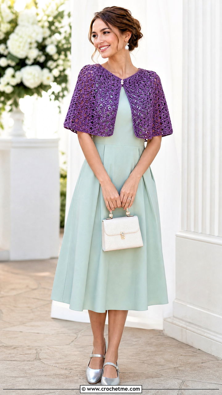 Capelet Crochet Shawl With A Line Dress - 35 easy simple crochet shawl outfit ideas