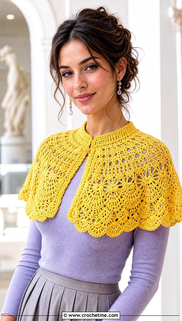 Capelet Crochet Shawl With A Pleated Skirt - 15 bright crochet shawl outfit ideas