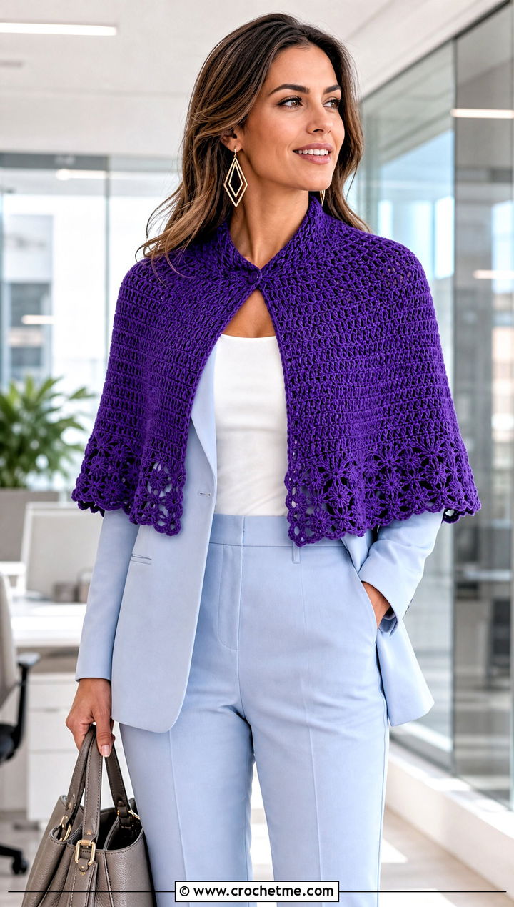 Capelet Crochet Shawl With Tailored Pantsuit - 25 Spring Crochet Shawl outfit ideas