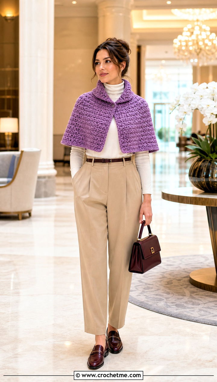 Capelet Crochet Shawl With Turtleneck And Trousers - 20 Crochet Shawl Worsted Weight Yarn outfit ideas
