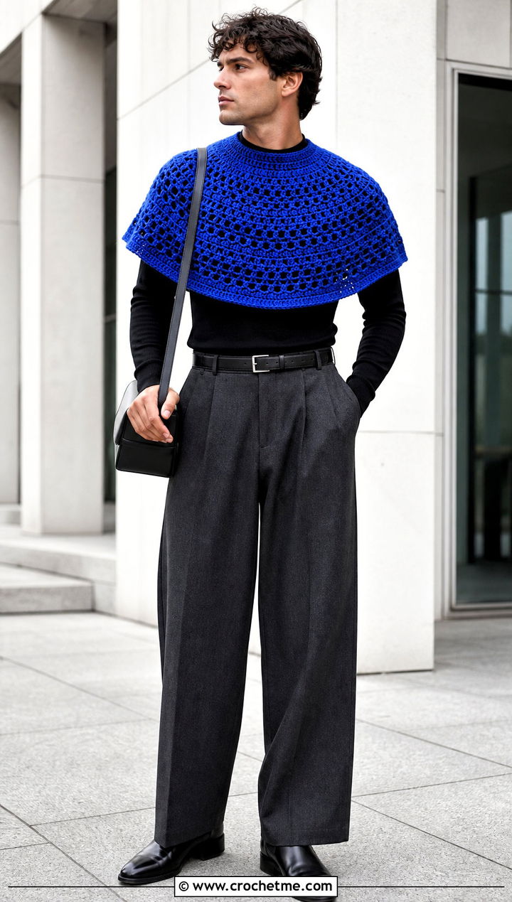 Capelet Crochet Shawl With Wide Leg Trousers - 30 crochet shawl for men outfit ideas