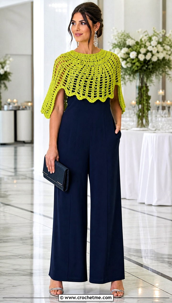 Capelet Crochet Shrug Sweater With Wide Leg Jumpsuit - 30 crochet shrug sweater outfit ideas