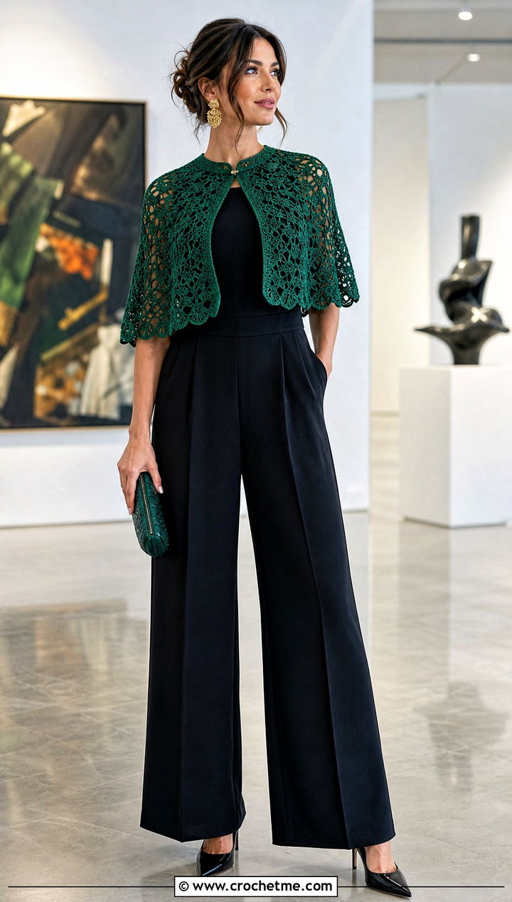 Capelet Crochet Shrug With Tailored Jumpsuit - 30 crochet shrug for women outfit ideas