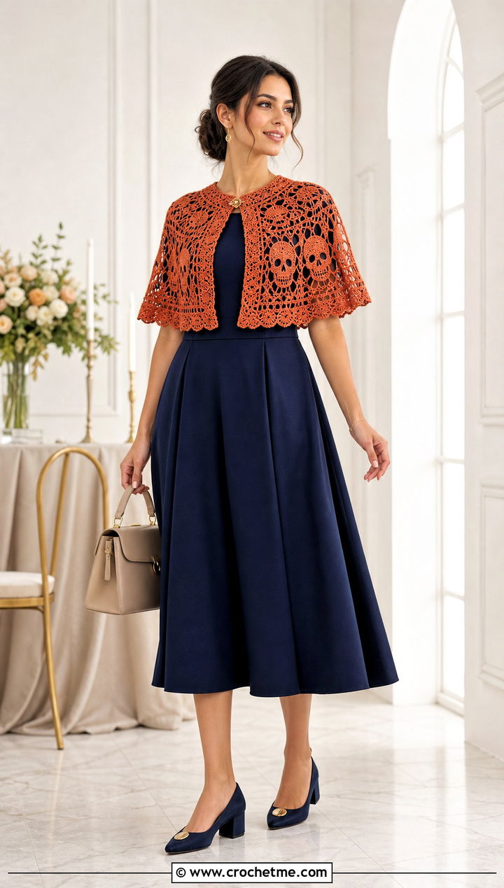 Capelet Crochet Skull Shawl With a Fit and Flare Dress - 35 crochet skull shawl outfit ideas