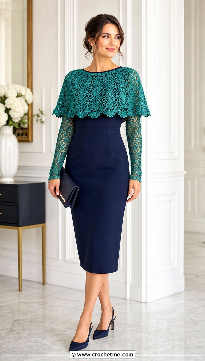 Capelet Crochet Sleeves With Sheath Dress - 30 crochet sweater sleeves outfit ideas